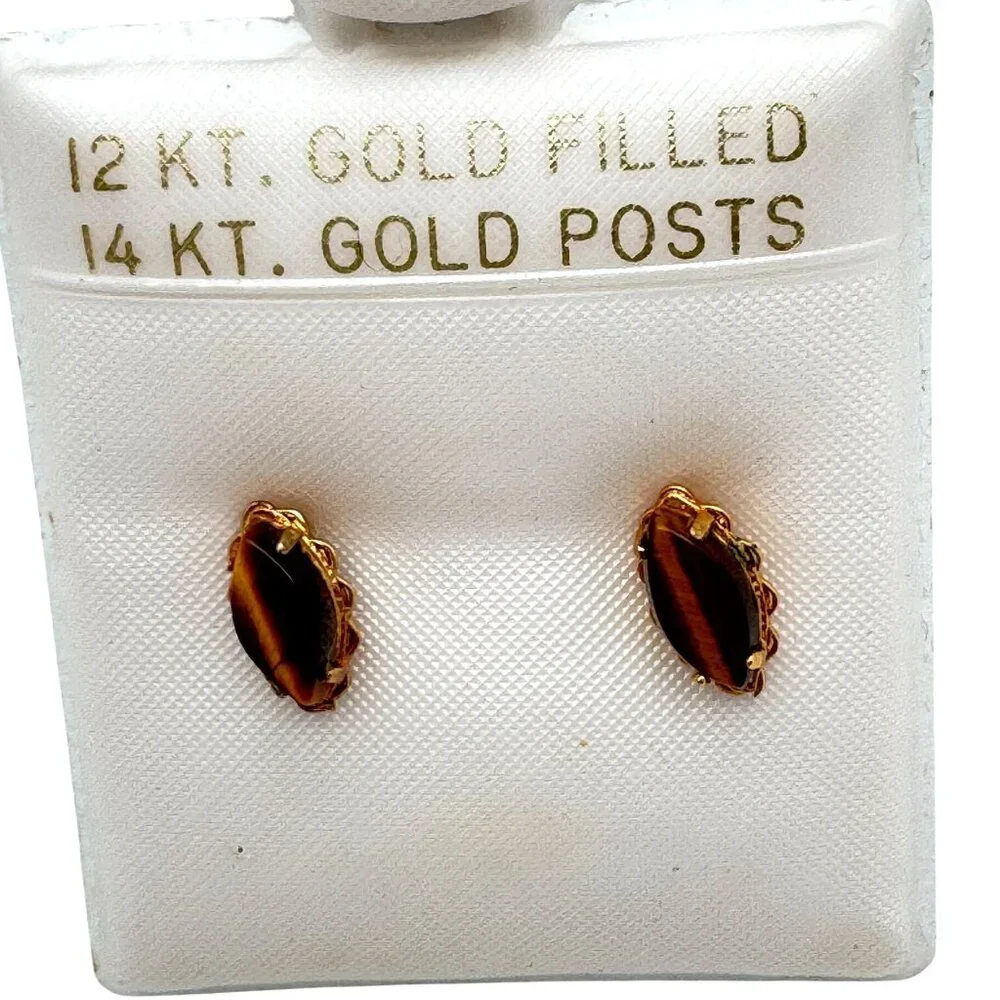 12Kt Gold-Filled Tigers Eye Stud Earrings 14Kt Gold Posts Vintage - Picture 1 of 6